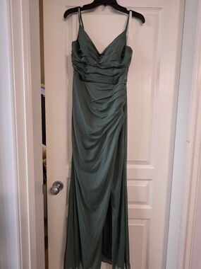 Azazie Eucalyptus Green Draped Spaghetti Strap Maxi Dress